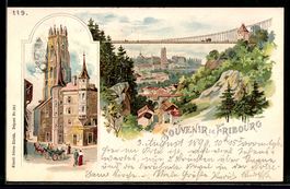 Lithographie Fribourg, Vue partielle et l`Église